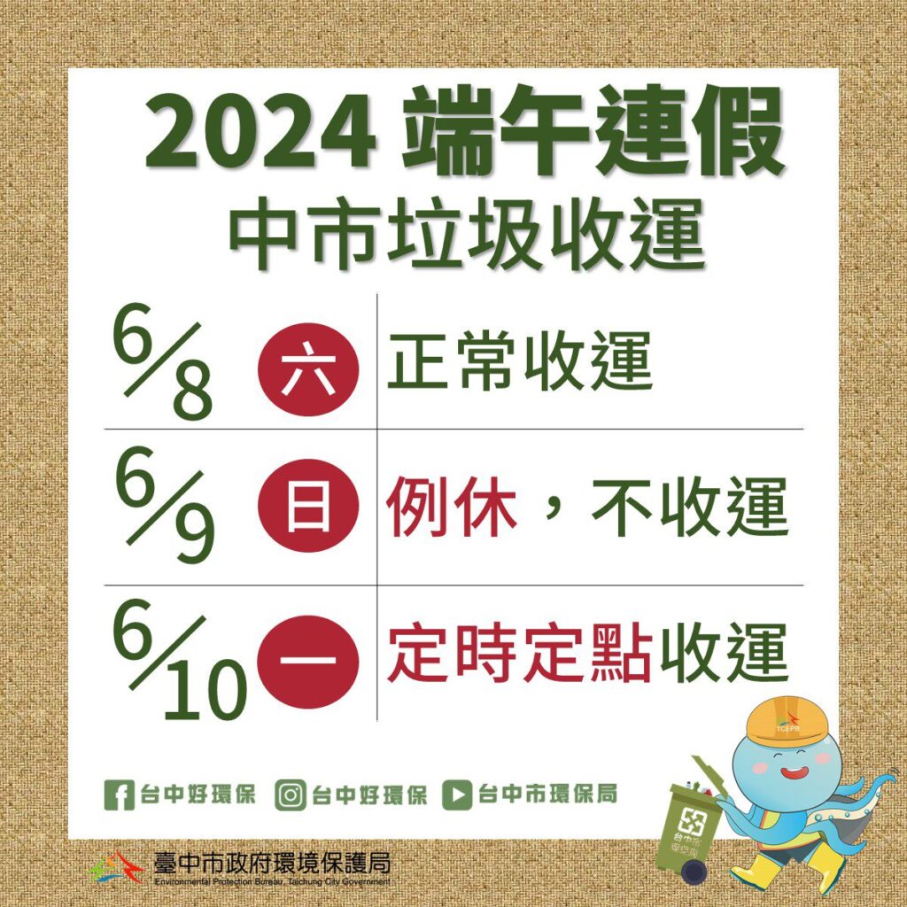 垃圾收運不打烊　中市環保局端午節採定時定點收運