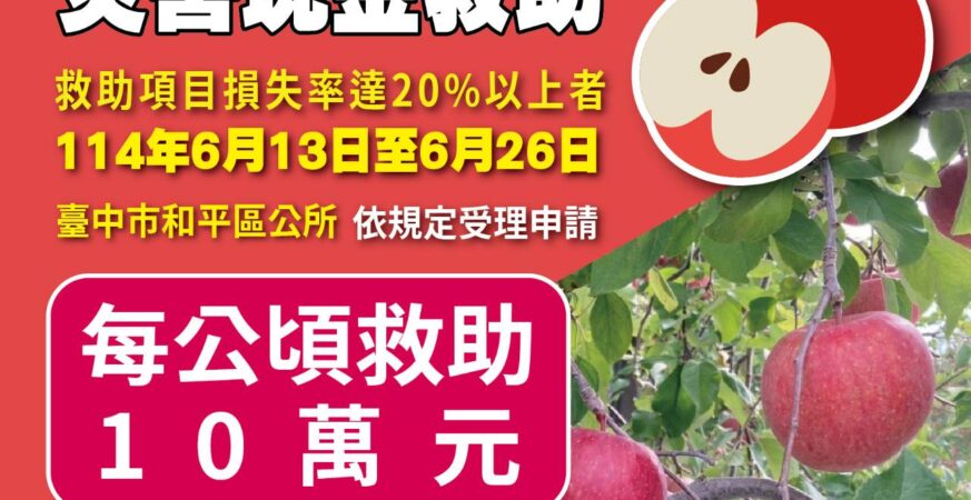 中市和平區蘋果災損 　6/26前可申請現金救助