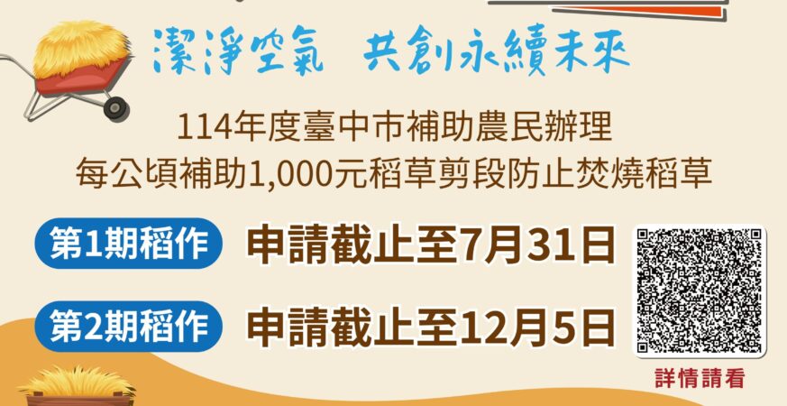 永續農業循環利用　中市補助稻草剪段翻耕1期作受理至7月底